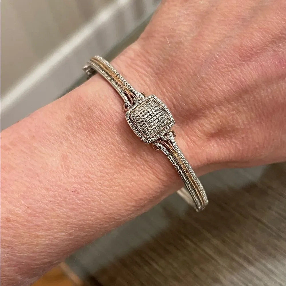 BR SUN Silver Plated Elegant Hinged Bangle Bracelet with Rose Gold Accents